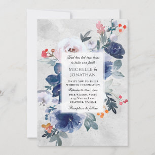 Invitation Bleu foncé rose rouge Floral Mariage chrétien