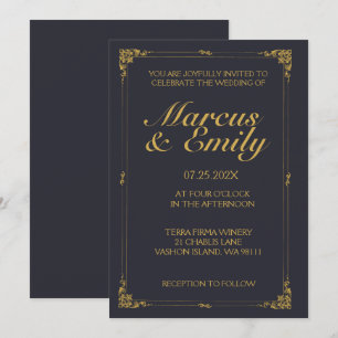 Invitation Bleu foncé spectaculaire et Mariage d'or antique