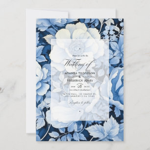 Invitation Bleu Français, Blanc Vintage & Mariage Floral Navy