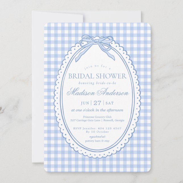 Invitation Bleu Gingham Coquette Nœud Robe de Mariée Cadeau (Devant)