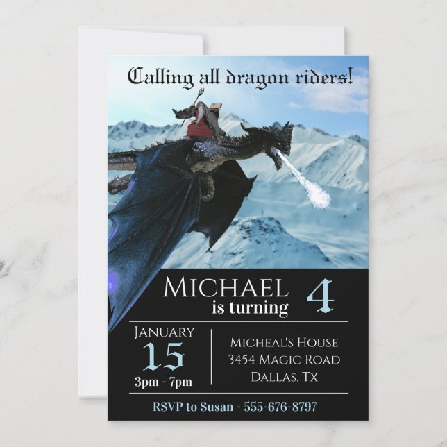 Invitation Bleu glace Dragon de neige Assistant Rider Anniver (Devant)
