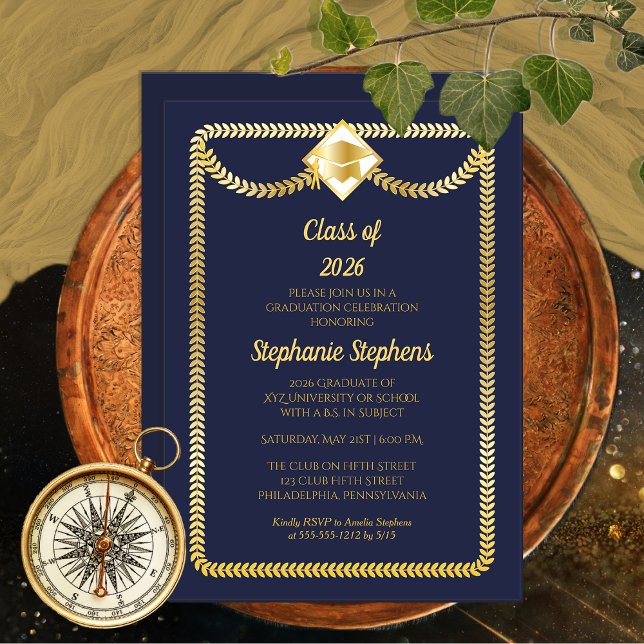 Invitation Bleu | Gold Serpentine Graduation Party (Elegant Blue and Gold Serpentine Graduation Party Invitation - Print | Digital Download)