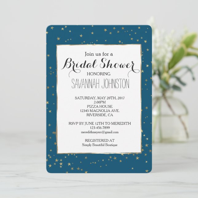 Invitation Bleu Gold Stars douche nuptiale (Debout devant)