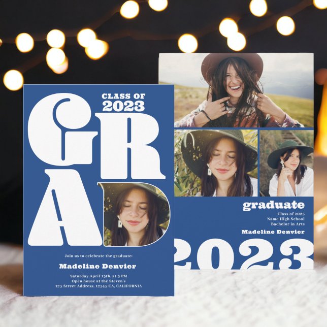 Invitation Bleu gras surdimensionné 4e année photo graduation (Blue bold oversized Grad 4 photo 2023 graduation Invitation)