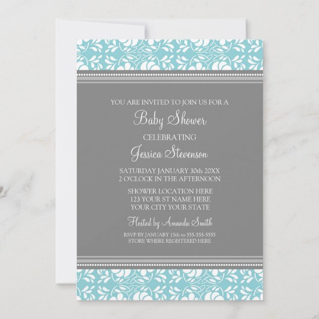 Invitation Bleu gris Damas Personnalisé Bébé Shower Invitatio (Dos)