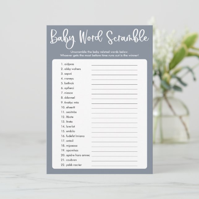 Invitation Bleu gris moderne baby shower mot scramble jeu (Debout devant)