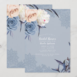 Invitation Bleu gris poussiéreux et dentelle florale pêche po