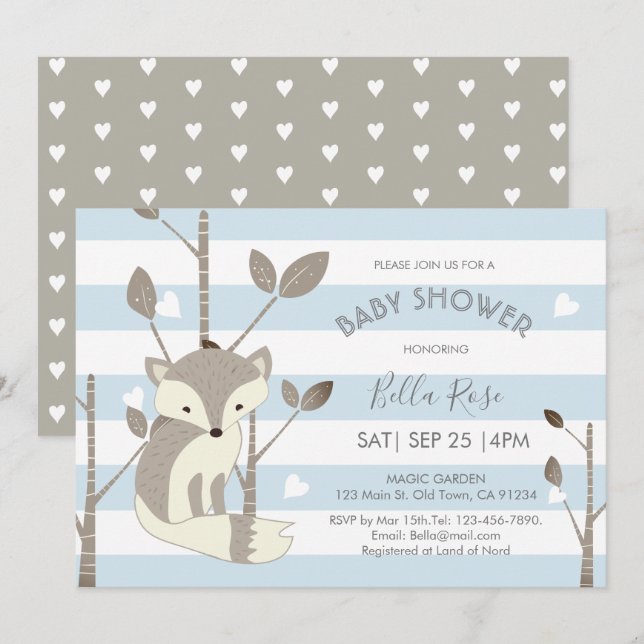 Invitation Bleu gris rayures Fox Baby shower de coeur (Devant / Derrière)
