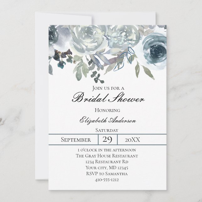 Invitation Bleu gris vert Élégante aquarelle florale nuptiale (Devant)