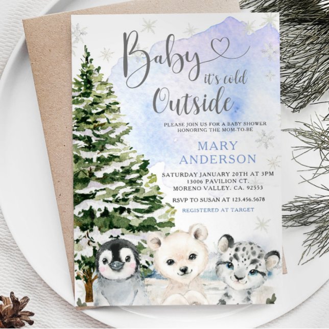 Invitation Bleu Hiver Arctique Animaux Baby shower des pins (Créateur téléchargé)
