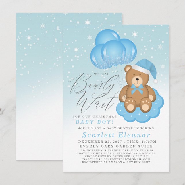 Invitation Bleu hiver Sleepy Bear Balloons Baby shower garçon (Devant / Derrière)