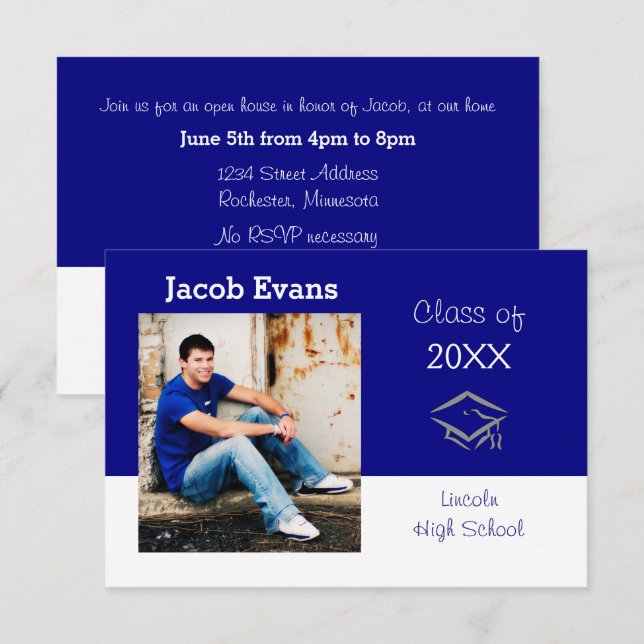 Invitation Bleu horizontal avec photo-3x5Faire-part de gradua (Devant / Derrière)