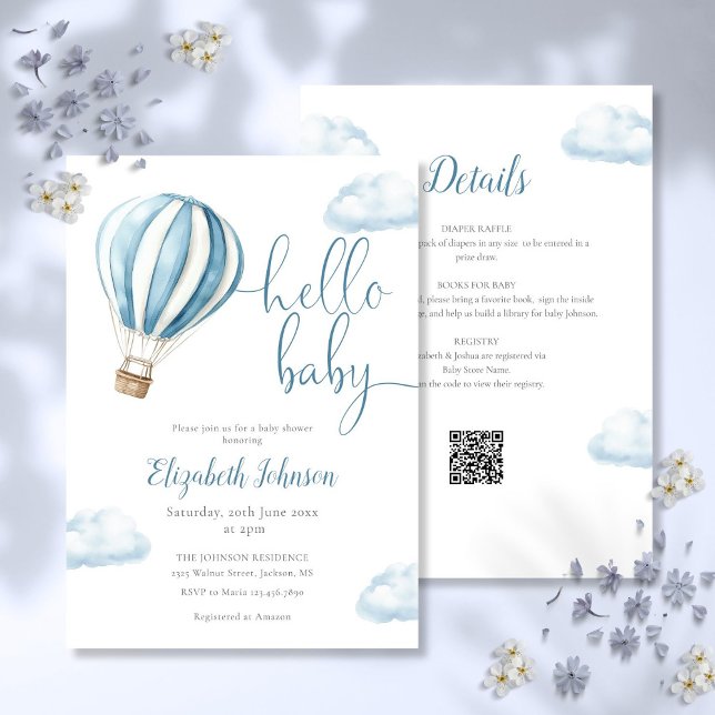 Invitation Bleu Hot Air Balloon Garçon tout en un Baby shower (Blue Hot Air Balloon Boy All In One Baby Shower Invitation)