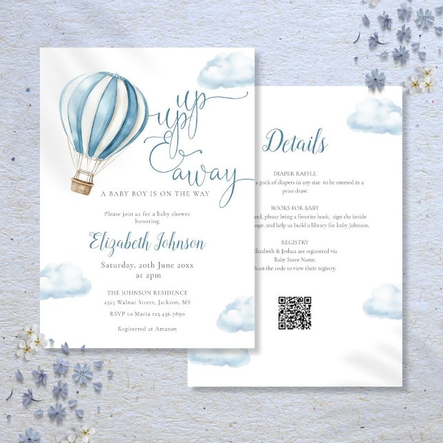 Invitation Bleu Hot Air Balloon Garçon tout en un Baby shower (Blue Hot Air Balloon Boy All In One Baby Shower Invitation)