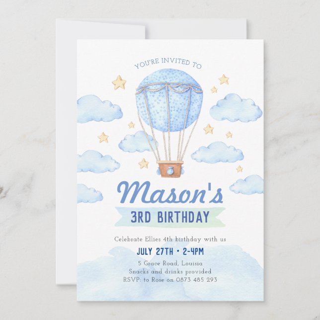 Invitation Bleu Hot-air invitation, Garçon 1er anniversaire (Devant)