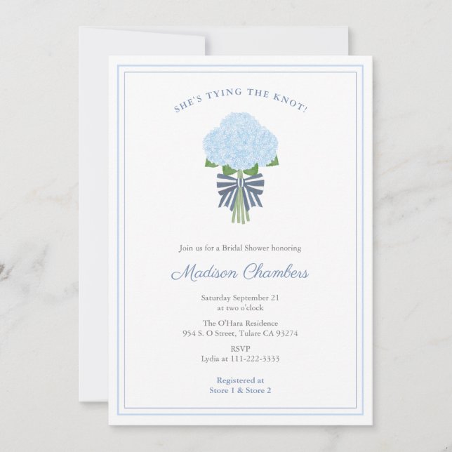 Invitation Bleu Hydrangea Attache La Fête des mariées De Knot (Devant)