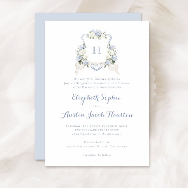 Invitation Bleu Hydrangea Crête verte Monogramme Mariage (Créateur téléchargé)