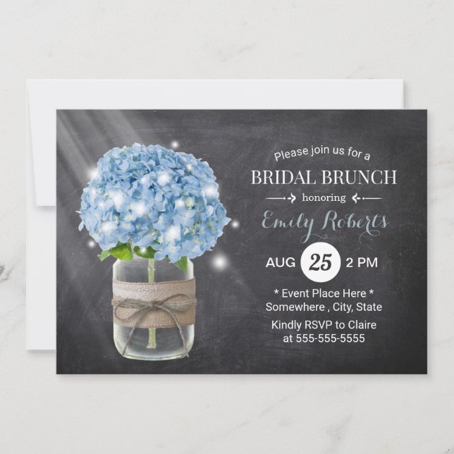 Invitation Bleu Hydrangea Fête des mariées Rustique Tableau d (Devant)