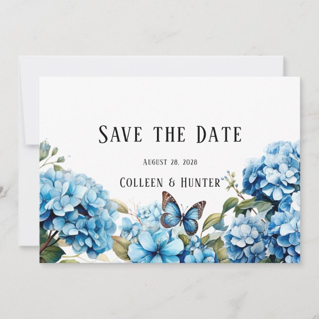 Invitation Bleu Hydrangea Floral Papillon Enregistrer La Cart (Devant)