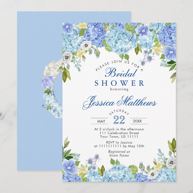 Invitation Bleu Hydrangeas Verdure Fête des mariées aquarelle (Devant / Derrière)