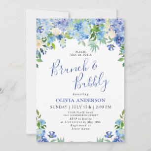 Invitation Bleu Hydrangée Verdure Aquarelle Brunch & Bubbly