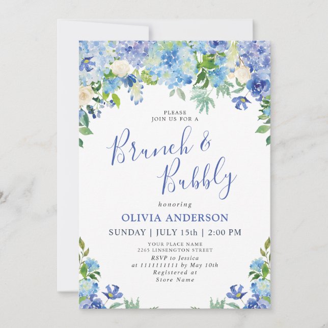 Invitation Bleu Hydrangée Verdure Aquarelle Brunch & Bubbly (Devant)