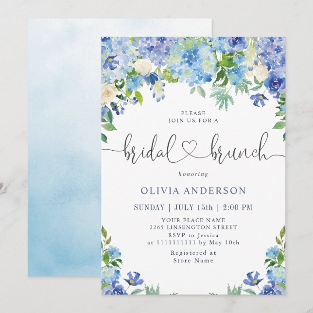 Invitation Bleu Hydrangée Verdure Aquarelle Brunch nuptial (Devant / Derrière)