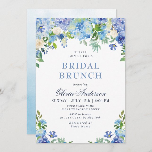 Invitation Bleu Hydrangée Verdure Aquarelle Brunch nuptial (Devant / Derrière)