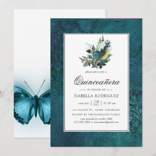 Invitation Bleu iridescent vintage sauvage boisée Quinceañera