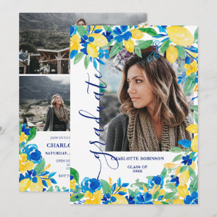 Invitation Bleu jaune citrons floral script photo graduation