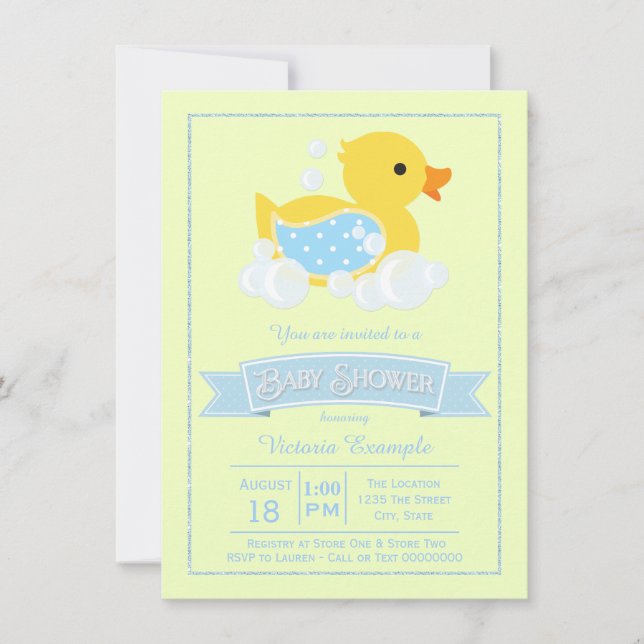 Invitation Bleu Jaune Cute Baby shower canard en caoutchouc (Devant)