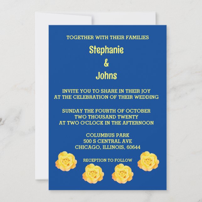 Invitation Bleu Jaune Motif Floral Élégant Mariage classe (Devant)