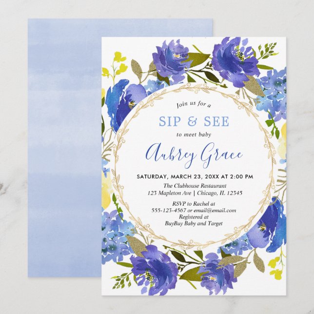Invitation Bleu jaune or élégant floral Sip et Voir (Devant / Derrière)
