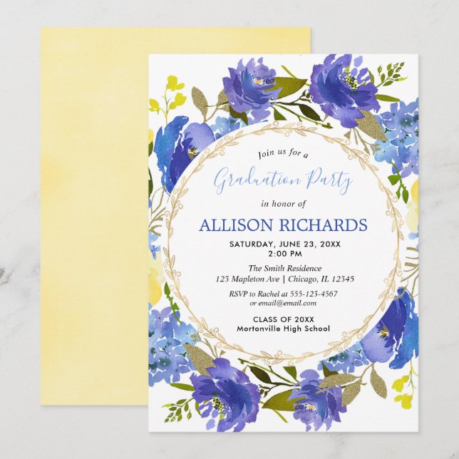 Invitation Bleu jaune or floral été fête de graduation (Devant / Derrière)