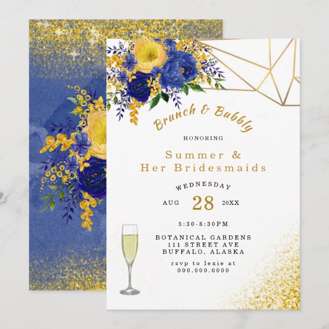 Invitation Bleu Jaune Or Peint Floral Brunch et Bubbly (Devant / Derrière)