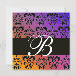 Invitation BLEU JAUNE PURPLE BLACK DAMASK MONOGRAM, blanc