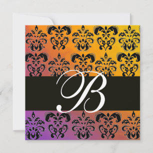 Invitation BLEU JAUNE PURPLE BLACK DAMASK MONOGRAM, blanc