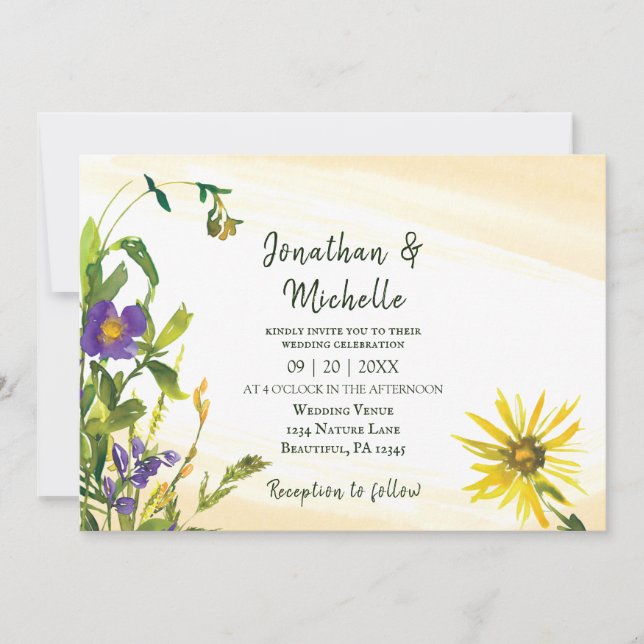 Invitation Bleu Jaune Russe Fleur sauvage Mariage chrétien (Devant)