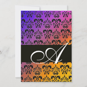 Invitation BLEU JAUNE VIOLET NOIR DAMAS MONOGRAMME, blanc
