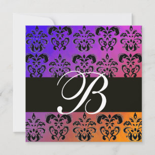 Invitation BLEU JAUNE VIOLET NOIR DAMAS MONOGRAMME, blanc