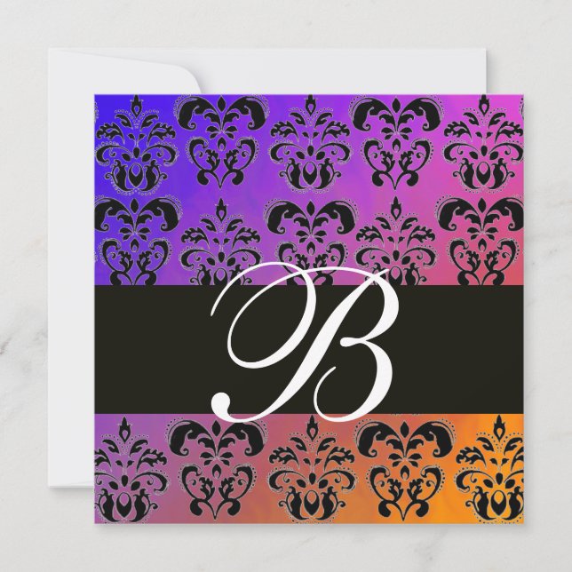 Invitation BLEU JAUNE VIOLET NOIR DAMASK MONOGRAM, blanc (Devant)