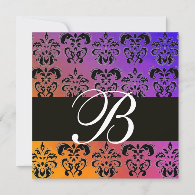 Invitation BLEU JAUNE VIOLET NOIR DAMASK MONOGRAM, blanc (Devant)