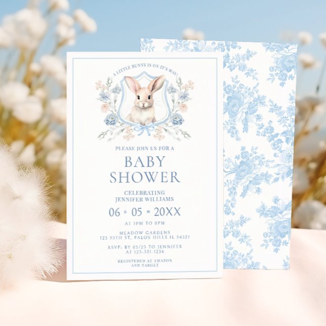 Invitation Bleu Lapin de Pâques Crest Floral Baby Boy Douche (Créateur téléchargé)