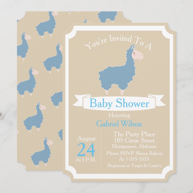 Invitation Bleu Llama Bébé Baby shower garçon (Devant / Derrière)