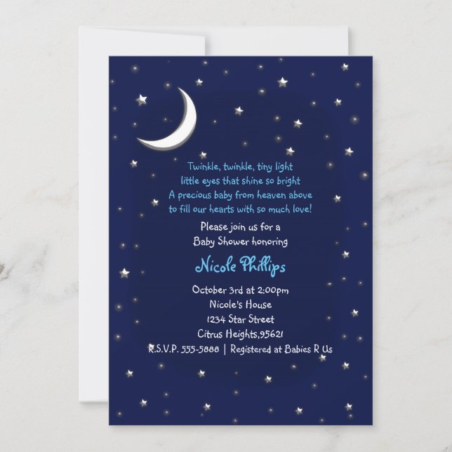 Invitation Bleu Lune et étoiles Baby shower céleste Invitatio (Devant)