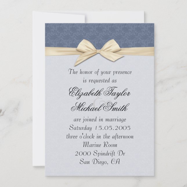 Invitation Bleu Luxe Elegant Damask Ribbon Wedding Invite (Devant)