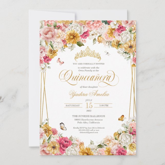 Invitation Bleu luxuriant élégant papillon floral Quinceanera (Devant)