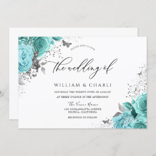 Invitation Bleu Magique Turquoise Aqua Roses Floral Mariage