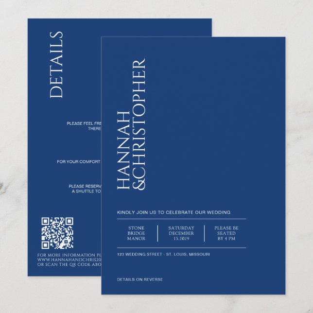 Invitation Bleu magnifique avec détails et Mariage de code QR (Devant / Derrière)