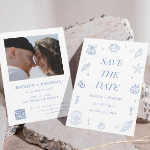 Invitation Bleu Main tiré mariage côtier Enregistrer la date